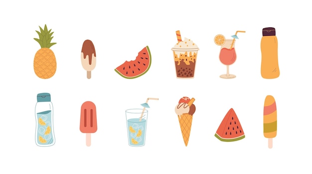 Un conjunto de bebidas de verano, alimentos y frutas, ilustración vectorial cóctel, helado, agua, café con leche, té de burbujas