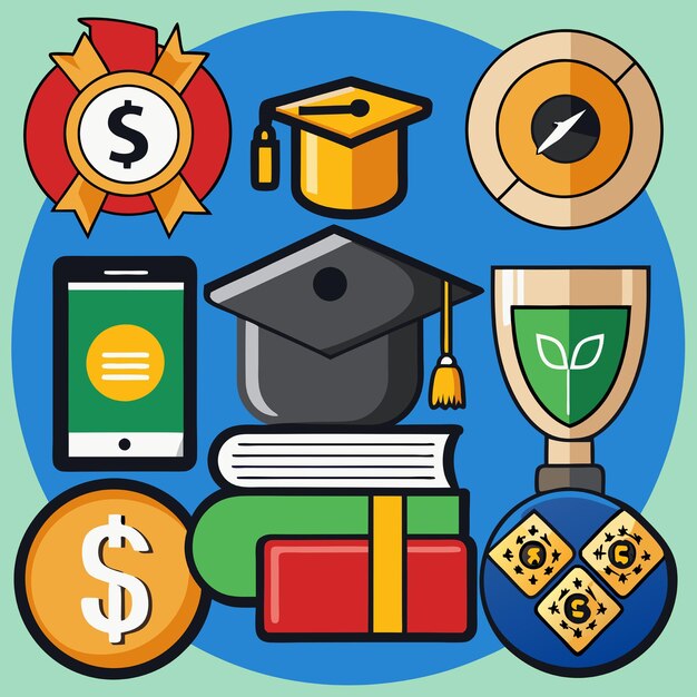 Un conjunto de becas Vector Icon Ilustración Colecciones de becas Iconos Concepto aislado Estilo de dibujos animados plano adecuado para página de aterrizaje web Banner Flyer Sticker Card Fondo
