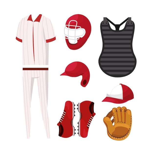 Vector conjunto de béisbol profesional de uniforme y equipamiento.