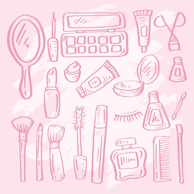Conjunto de belleza, maquillaje, garabatos cosméticos.