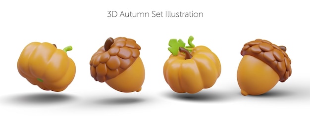 Conjunto de bellotas y calabazas 3D al estilo de dibujos animados Elementos comestibles naturales decorativos