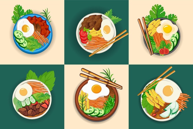 Conjunto De Bibimbap Ilustración Gran Colección. Diseño picante vectorial de comida asiática de alta calidad.