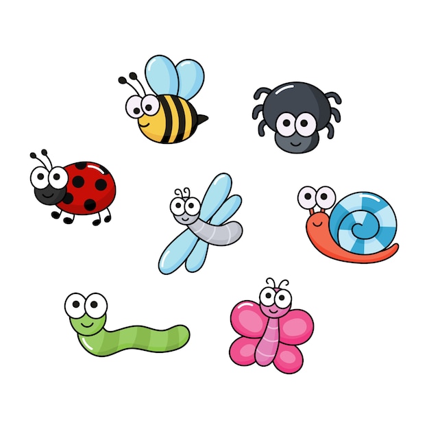 Vector conjunto de bichos graciosos. insectos de dibujos animados aislados