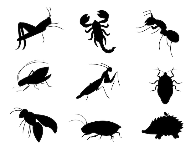 conjunto, de, bichos, insectos, aislado, vector, siluetas