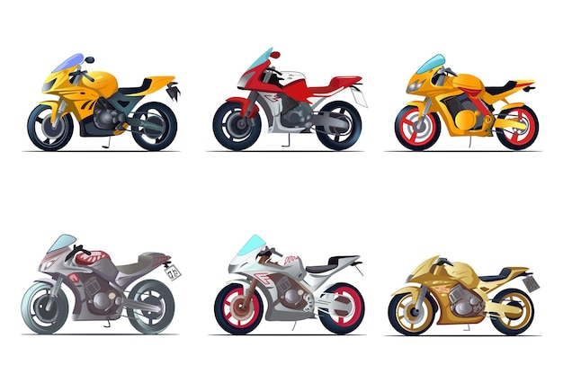 Vector conjunto de bicicletas ilustración animada de dibujos animados que muestra un conjunto de elegantes motos de diseño plano