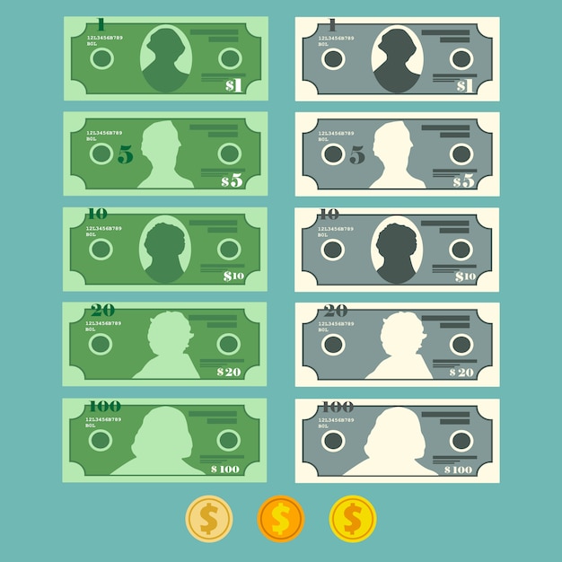 Conjunto de billetes de dólar moneda, ilustración en estilo plano