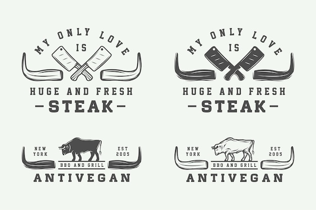 Conjunto de bistec de carne de carnicería vintage o logotipos de barbacoa