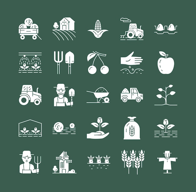 Vector conjunto, de, blanco, agricultura, iconos