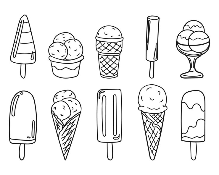Conjunto blanco y negro de diferentes tipos de helado al estilo Doodle