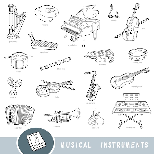 Conjunto blanco y negro de instrumentos musicales con nombres en inglés diccionario visual de dibujos animados