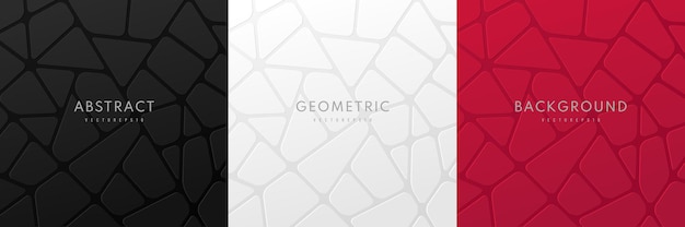 Conjunto de bloques geométricos abstractos voronoi 3d en fondo negro, rojo oscuro y blanco