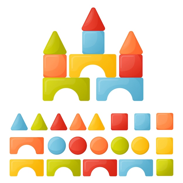 Un conjunto de bloques para niños de diferentes colores para construir castillos y torres.
