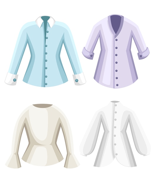 Vector conjunto de blusas. ropa para dama. blusas formales de manga larga para mujer. . ilustración sobre fondo blanco. página del sitio web y aplicación móvil.