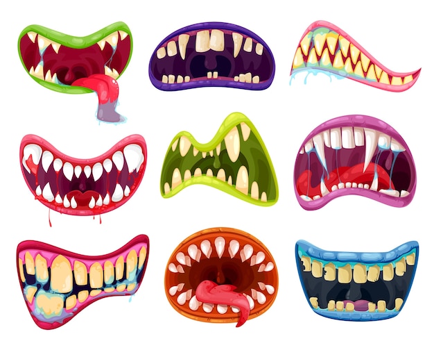 Conjunto de boca y dientes de monstruos de halloween. expresiones de sonrisa de miedo de dibujos animados con lenguas de animales alienígenas, vampiros, bestias, diablos o demonios, labios espeluznantes y colmillos con sangre y saliva