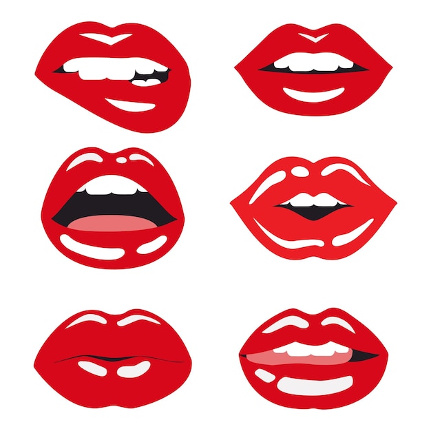 Conjunto de boca de glamour hermoso Labios sexy pintados con lápiz labial rojo brillante