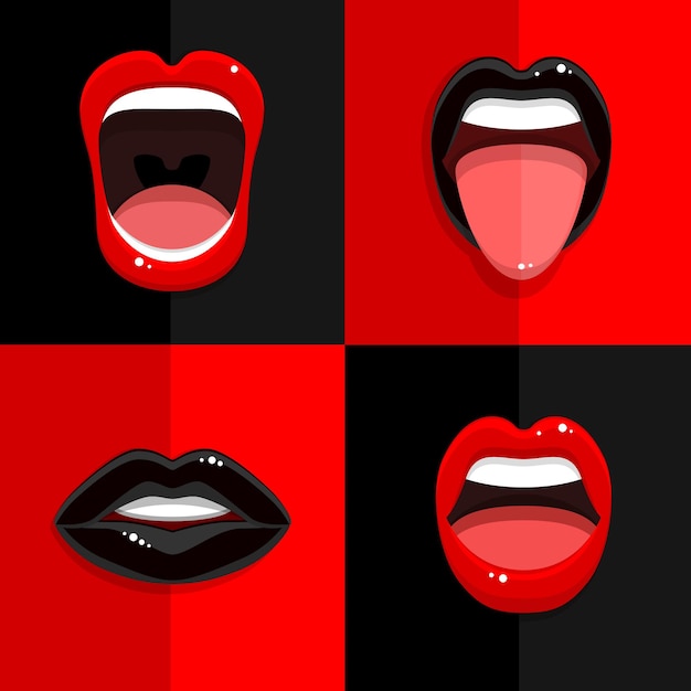Vector conjunto de boca con labios negros y rojos.
