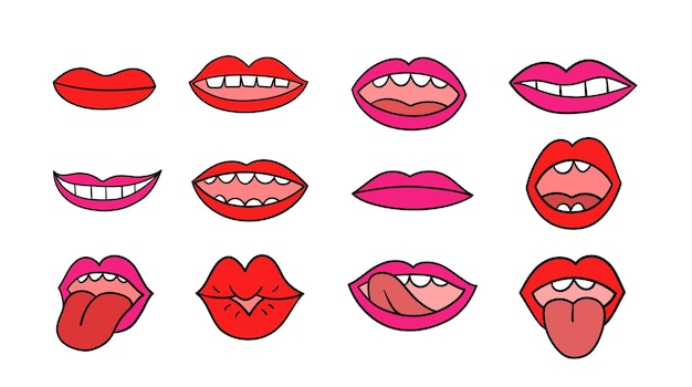 Conjunto de bocas y labios femeninos. movimiento de labios. ilustración vectorial dibujada a mano.