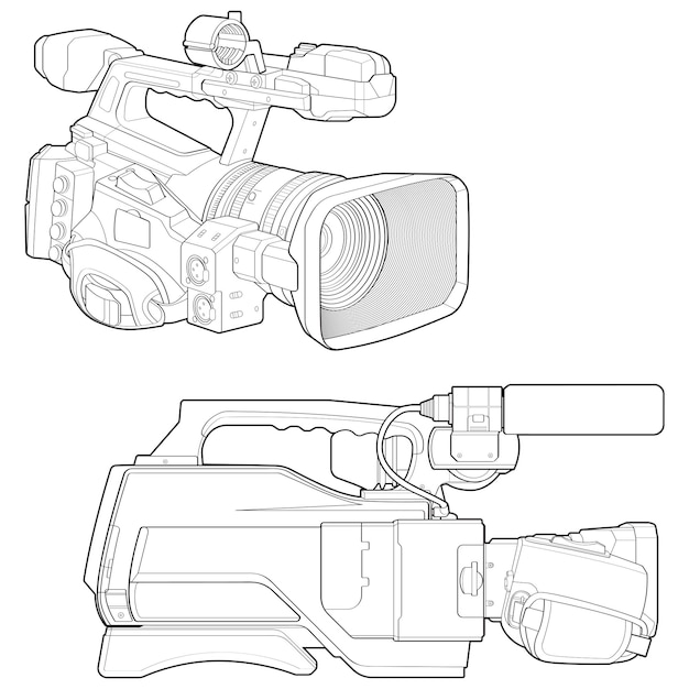 Conjunto de boceto de una cámara de video en una ilustración de boceto de vector de cámara de video de fondo blanco para tamplate de entrenamiento