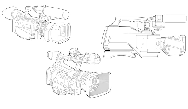 Conjunto de boceto de una cámara de video en una ilustración de boceto de vector de cámara de video de fondo blanco para tamplate de entrenamiento