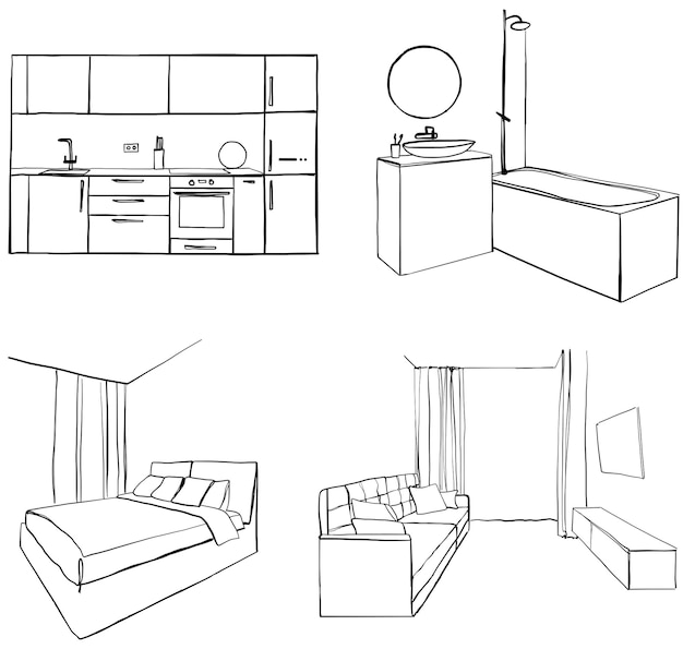 Conjunto de boceto dibujado a mano interior diferente Cocina sala de estar baño dormitorio lugar de trabajo