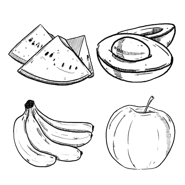 Conjunto de boceto y fruta dibujada a mano sandía aguacate plátano y manzana