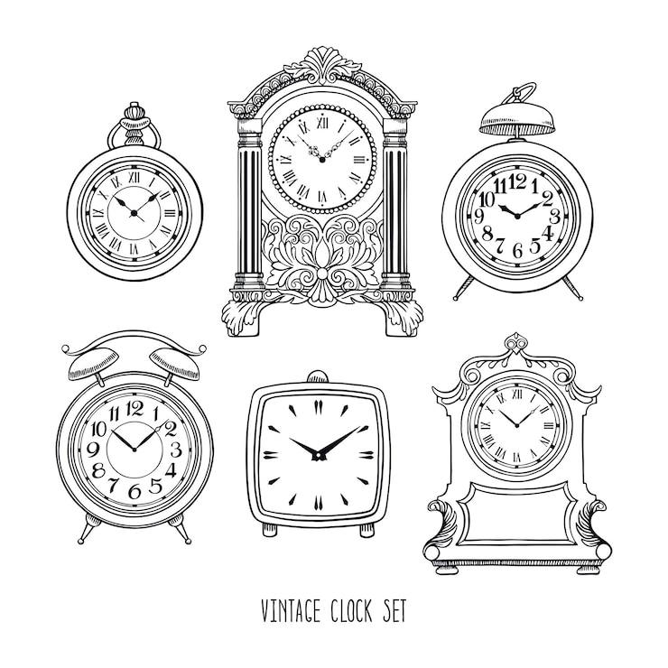 Vector conjunto de boceto hermoso reloj vintage. ilustración dibujada a mano