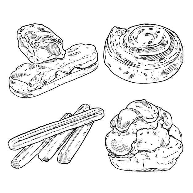 Conjunto de boceto y menú de postres dulces dibujados a mano eclair canela roll choux y churro