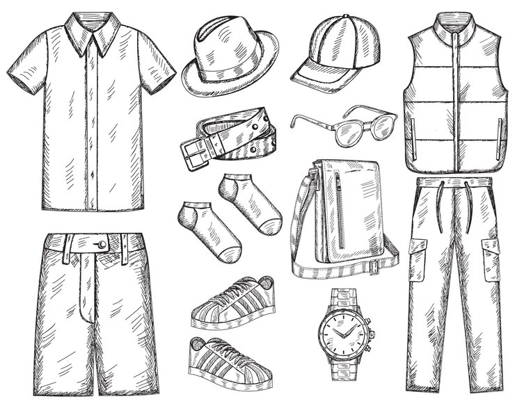 Vector conjunto de boceto de ropa de moda masculina, dibujado a mano