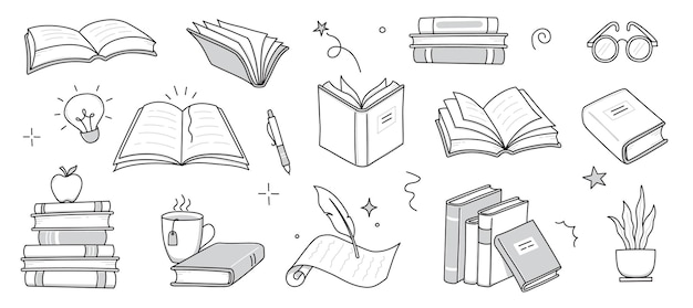 El conjunto de bocetos de la biblioteca de la biblioteca dibujados a mano en el estilo de dibujos garabateados de la línea del libro de la escuela de lectura de la biblioteca