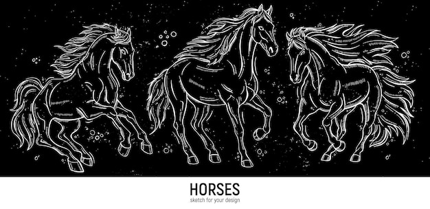 Conjunto de bocetos de caballos dibujados a mano