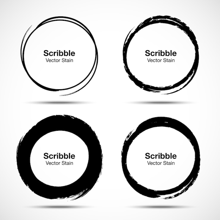 Vector conjunto de bocetos de cepillo de círculo dibujado a mano. círculos redondos del garabato del garabato del grunge para el elemento del diseño de la marca de la nota del mensaje. cepille los frotis circulares.