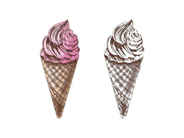 Conjunto de bocetos coloreados y monocromáticos dibujados a mano de conos de gofres con yogur congelado o helado