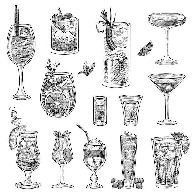 Conjunto de bocetos de copas de cóctel