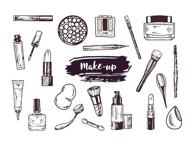 Un conjunto de bocetos dibujados a mano de cosméticos como elementos de spa de cuidado personal para salones de belleza