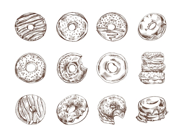 Un conjunto de bocetos dibujados a mano de donuts Ilustración vintage Pastelería dulces postre