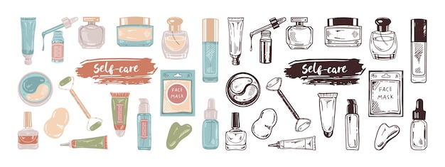 Vector un conjunto de bocetos dibujados a mano de elementos de cuidado personal de belleza de cosméticos ilustración para salón de belleza