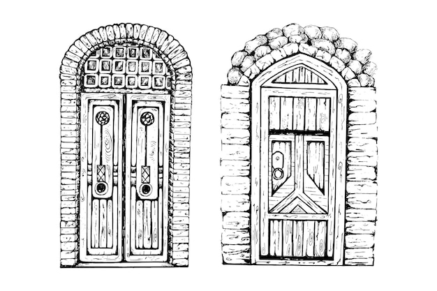 Vector conjunto de bocetos dibujados a mano o grabado puertas vintage
