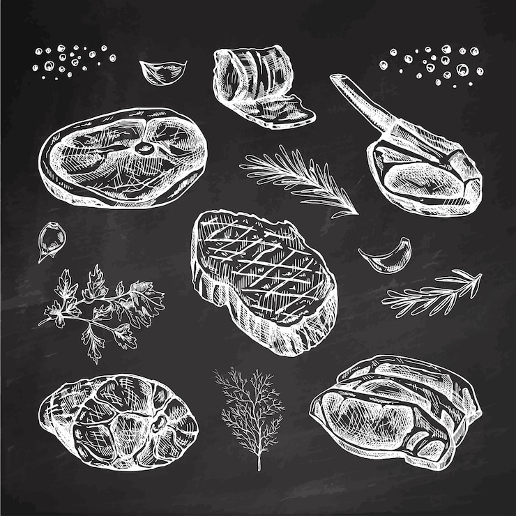 Vector conjunto de bocetos dibujados a mano de pedazos de carne de barbacoa con hierbas y condimentos en fondo de pizarra
