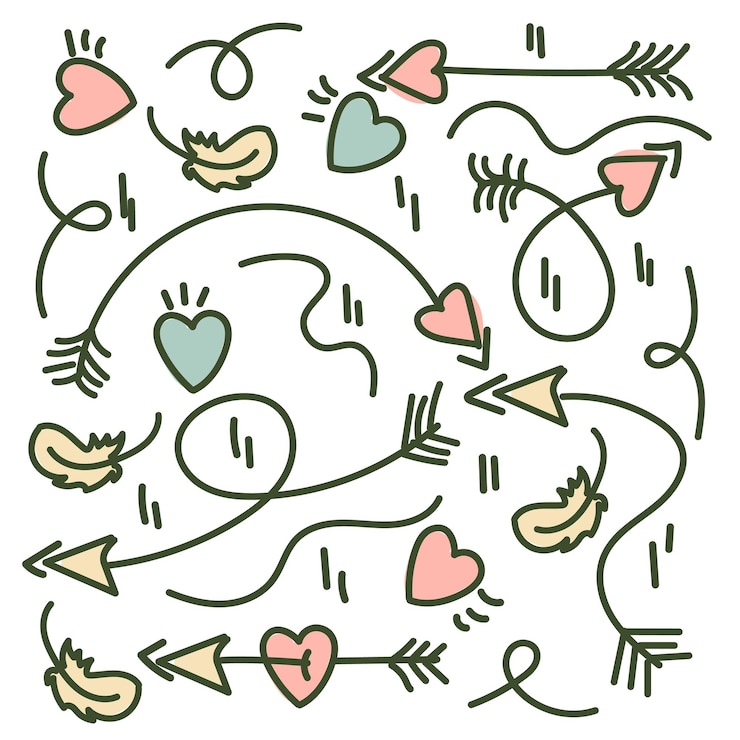 Vector conjunto de bocetos de flechas de amor y corazones en color un conjunto minimalista de iconos lineales hechos a mano