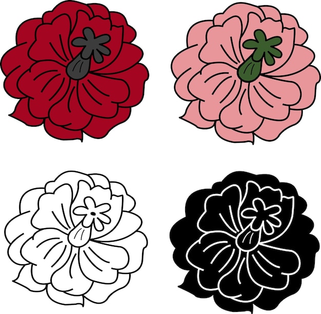 Conjunto de bocetos de flores. Flores rojas y rosas. Boceto de una flor para un libro de colorear. Icono de flor negra