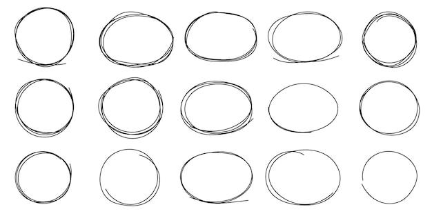Conjunto de bocetos de línea circular dibujada Un conjunto de garabates de elipse Esbozo de burbujas ovaladas para rodear y resaltar el texto Lápiz o pluma burbuja de graffiti o globo
