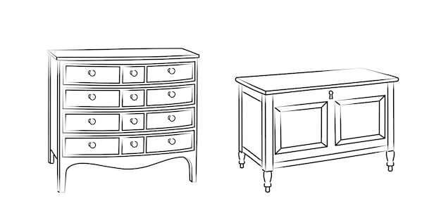 Conjunto de bocetos de líneas de una cómoda Diseño de muebles para almacenamiento Vector aislado