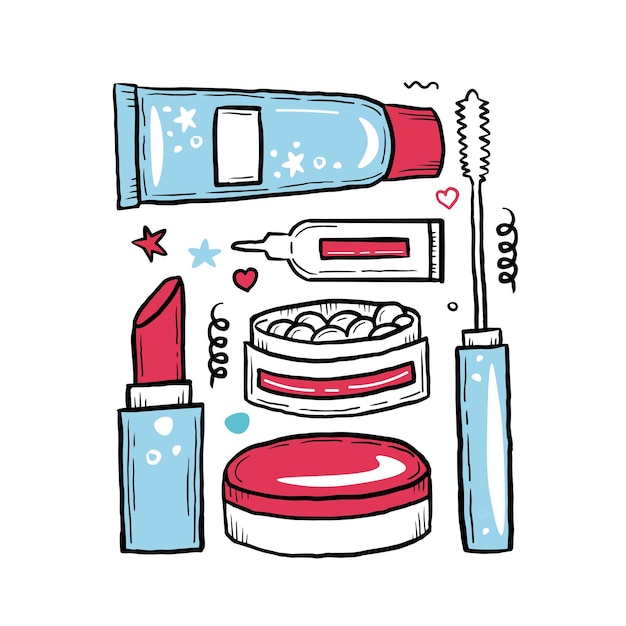 Vector conjunto de bocetos de moda de productos de maquillaje de lujo cosmético lindo