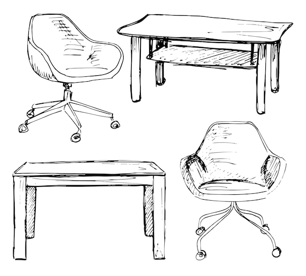 Conjunto de bocetos muebles aislados diferentes sillas y mesa muebles negros lineales sobre un fondo blanco ilustración vectorial