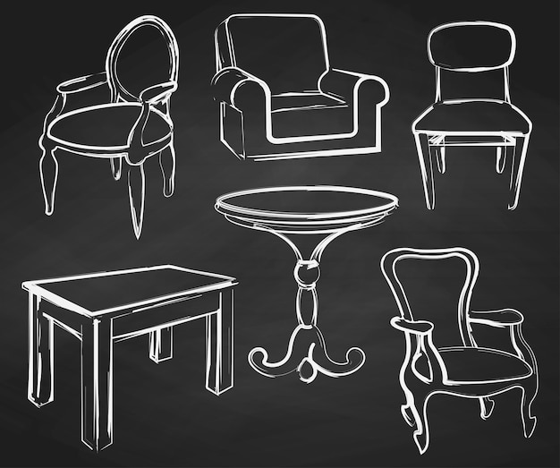 Conjunto de bocetos muebles aislados Diferentes sillas y mesas Tiza dibujada en una pizarra Ilustración vectorial en un estilo de boceto