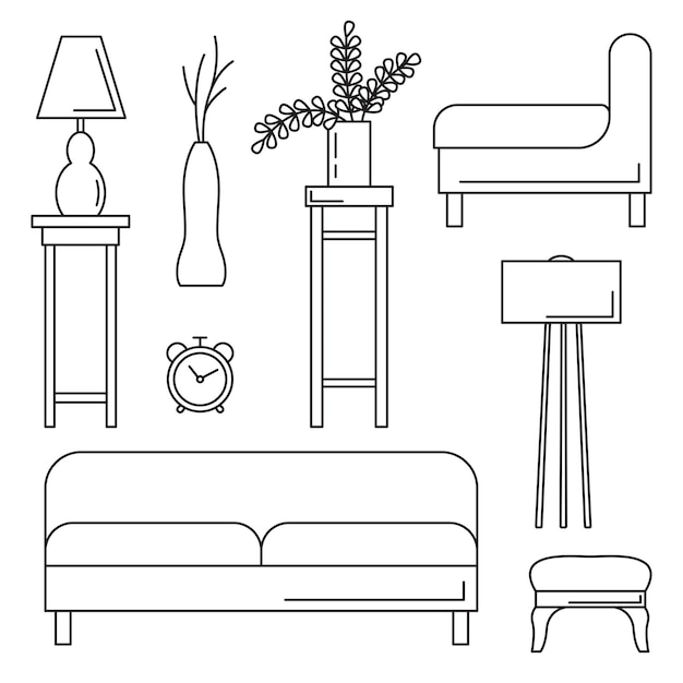 Vector conjunto de bocetos muebles aislados ilustración vectorial en un estilo lineal