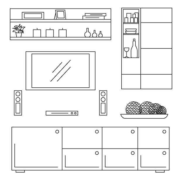 Conjunto de bocetos muebles aislados Ilustración vectorial en un estilo lineal