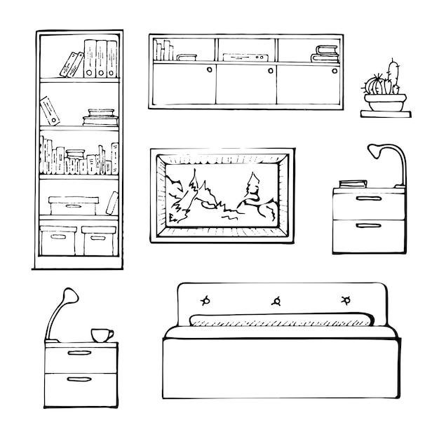 Conjunto de bocetos muebles aislados. Mobiliario lineal negro sobre fondo blanco. Ilustración vectorial