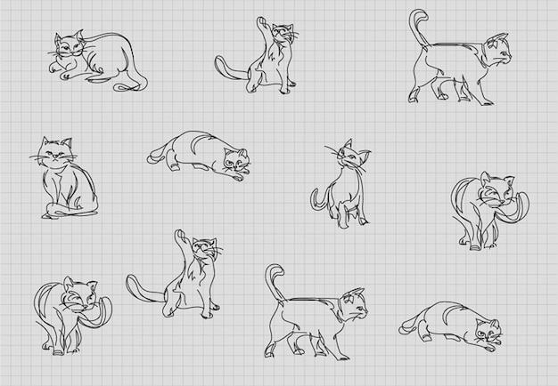 Conjunto de bocetos de poses de gato de arte lineal dibujado a mano vector gratuito