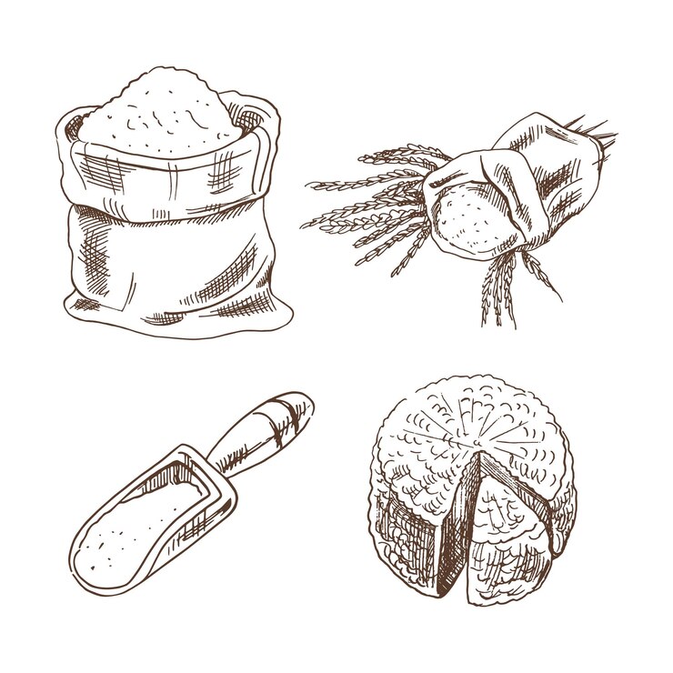 Vector conjunto de bocetos de productos dibujados a mano una bolsa de espiguillas de harina un cucharón una cabeza de queso ilustración vectorial dibujo vintage en blanco y negro